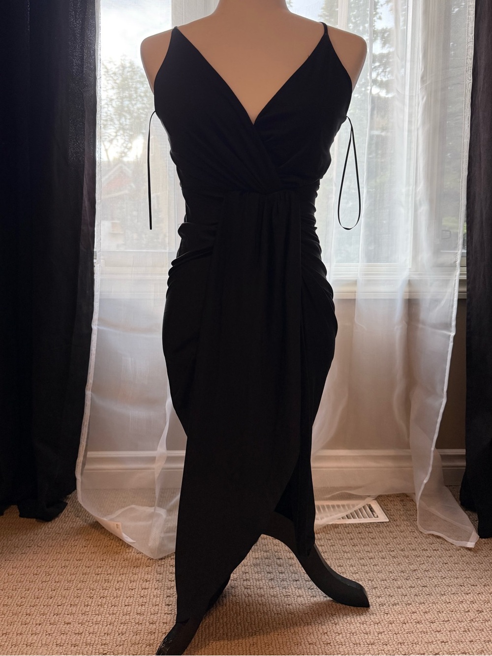 UK2LA Black Ruched Asymmetrical Maxi Dress Open Cross Back Size S
